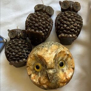 Italian Owl Marble PLUS Set/3 Owl Candles + Hand-Carved Owl Paperweight Vintage